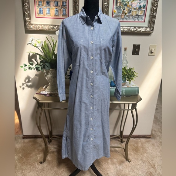 VTG EDDIE BAUER PRAIRIE COTTAGE CORE LIGHT BLUE CHAMBRAY DENIM MAXI DRESS SZ S-P - Picture 1 of 8